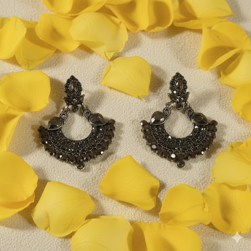 Oxidised Antique Fan Chandelier Earrings | Dark Stone Ethnic Wear