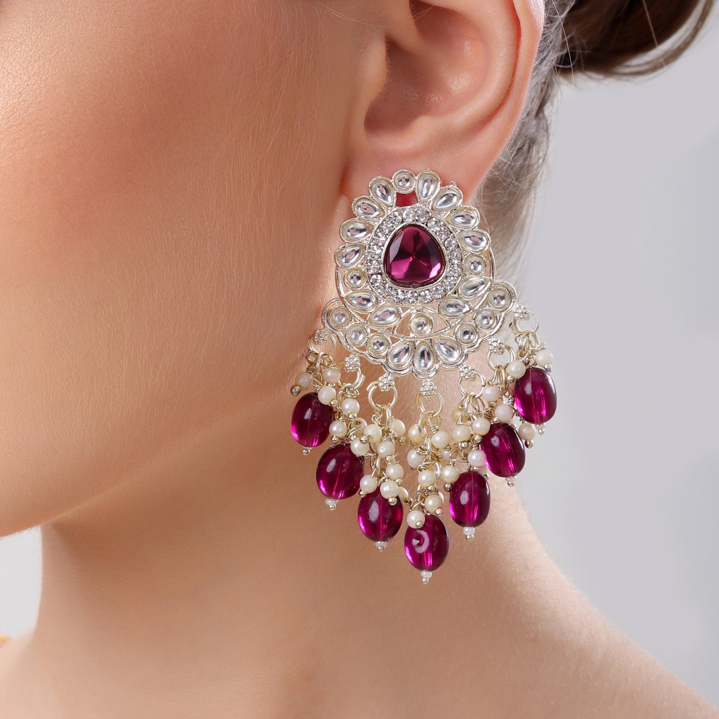 Maroon Kundan Chandelier Earrings | Indian Festive Jewellery