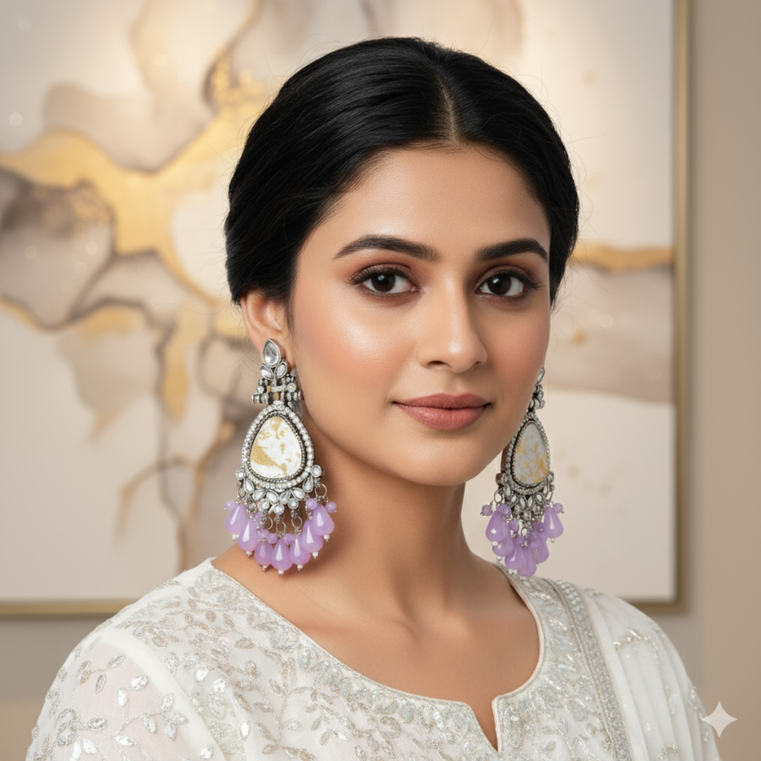 Kundan Style Chandelier Earrings | Oxidised Silver & Purple Bead Dangles