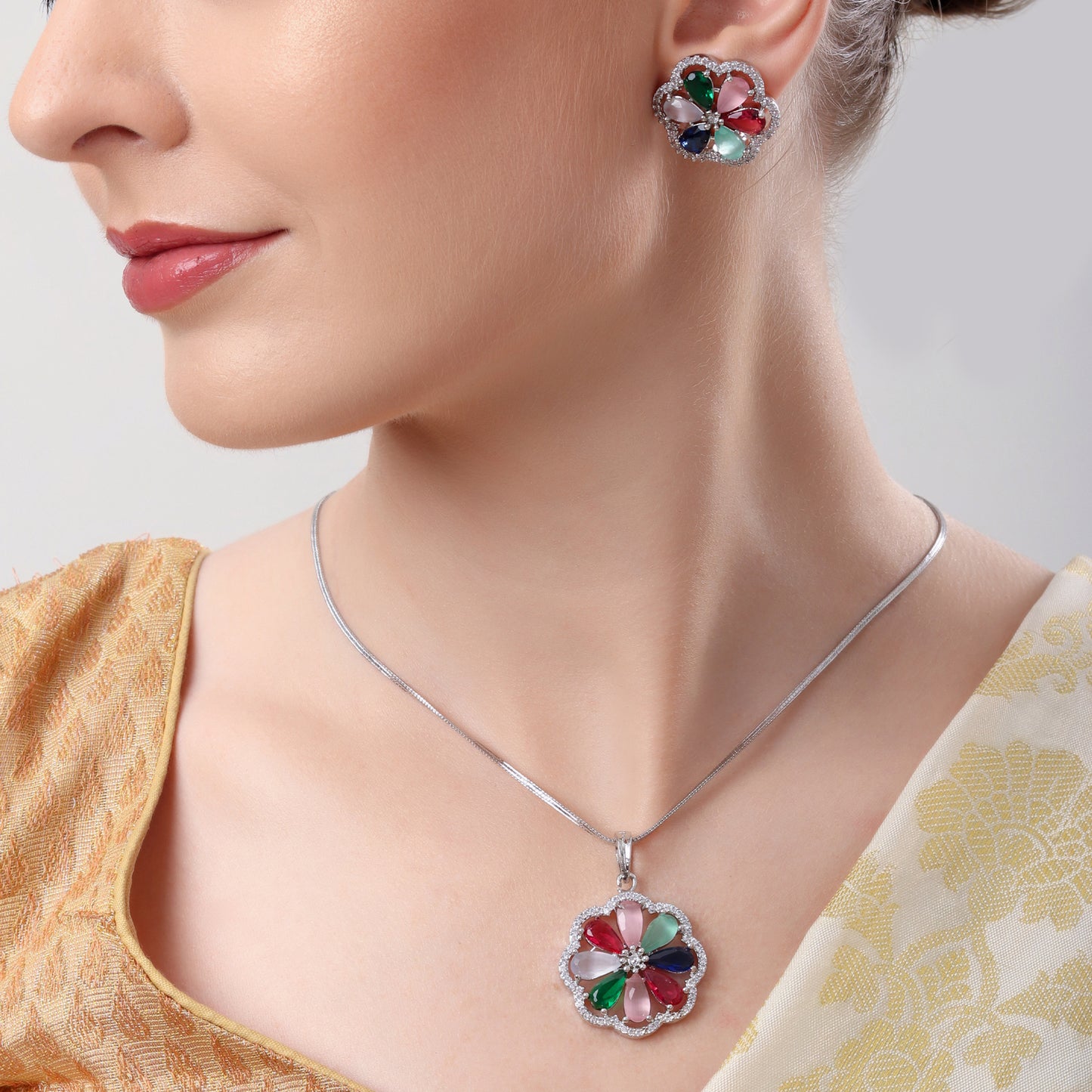 Multi Color American Diamond Pendant Set – Elegant Jewelry for Women Online