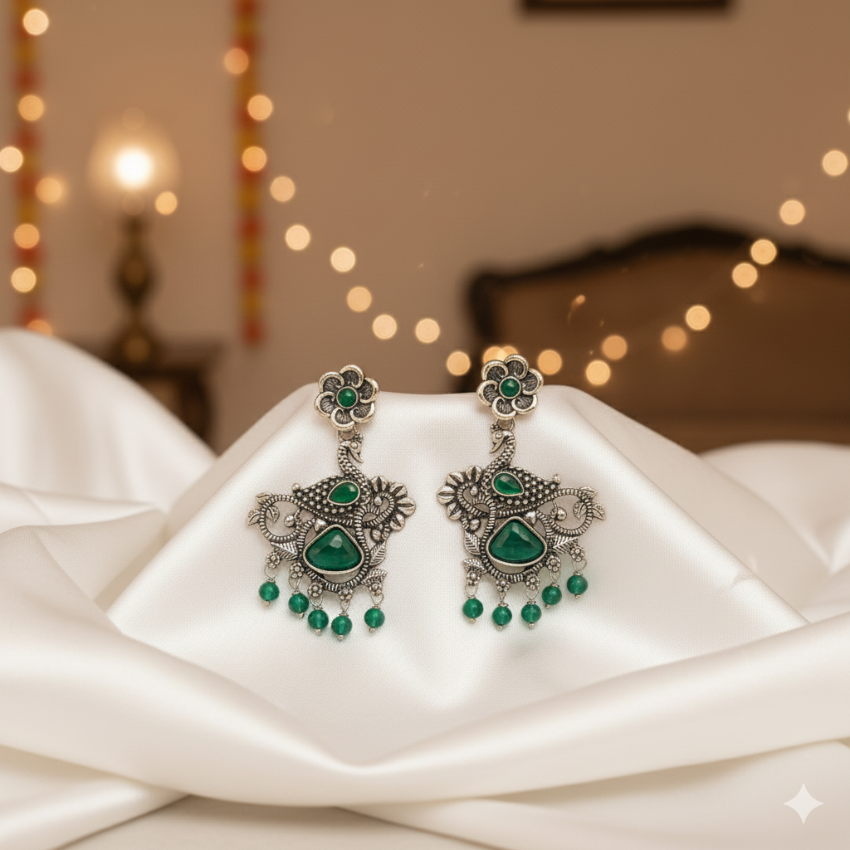 Oxidised Peacock Earrings with Green Stones | Indian Ethnic Jewellery