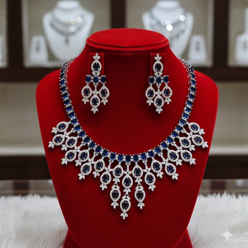 Sapphire Blue Cubic Zirconia Necklace Set - American Diamond CZ Jewelry