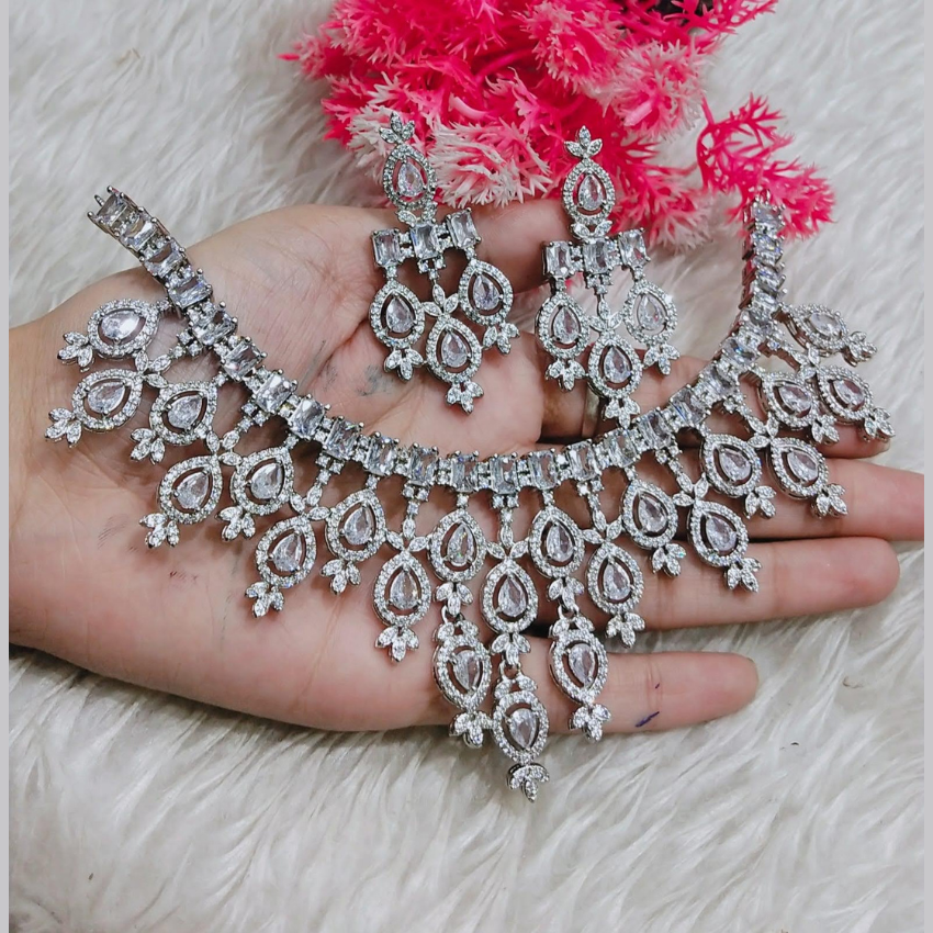 Rhodium Plated CZ Diamond Look Necklace & Earrings Set