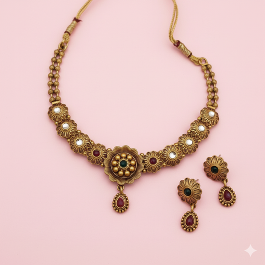 Amezaa: Antique Floral Necklace Set | Ethnic Wedding Jewellery