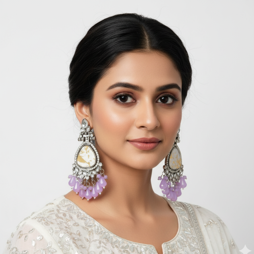 Kundan Style Chandelier Earrings | Oxidised Silver & Purple Bead Dangles