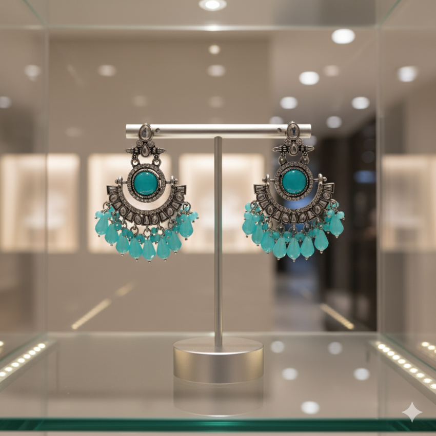 Modern Indian Aqua Blue Earrings | Oxidised Silver Style