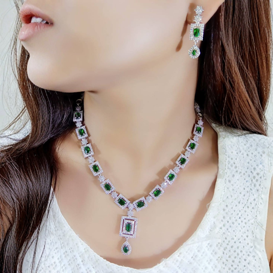 Elegant Green Pendant American Diamond Necklace Set | Premium Party Jewelry by Amezaa