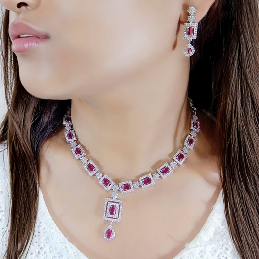 Premium Ruby Pink American Diamond Necklace Set | Elegant Party Jewelry by Amezaa